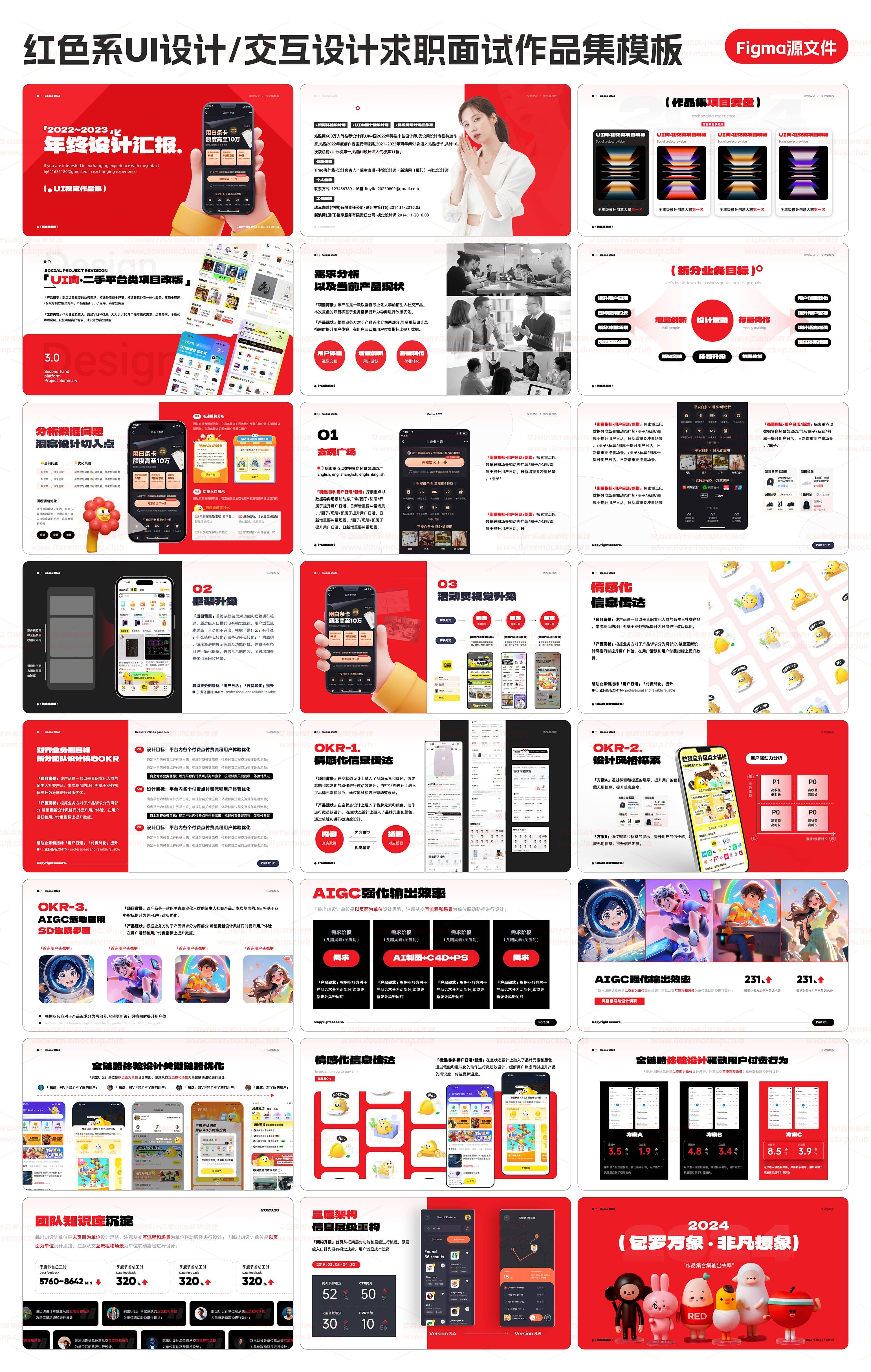 【红色系】UX、UI设计师求职面试作品集/述职晋升、年终汇报Figma&PPT源文件分层模板